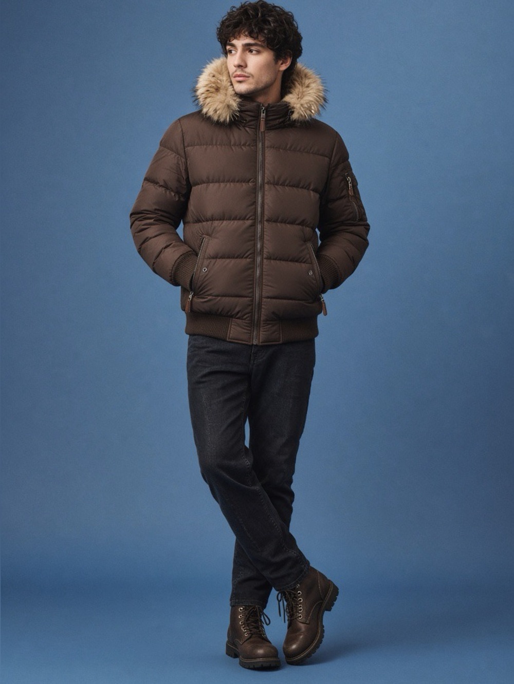 Sean John Brown Puffer Jacket with Faux Fur Hood